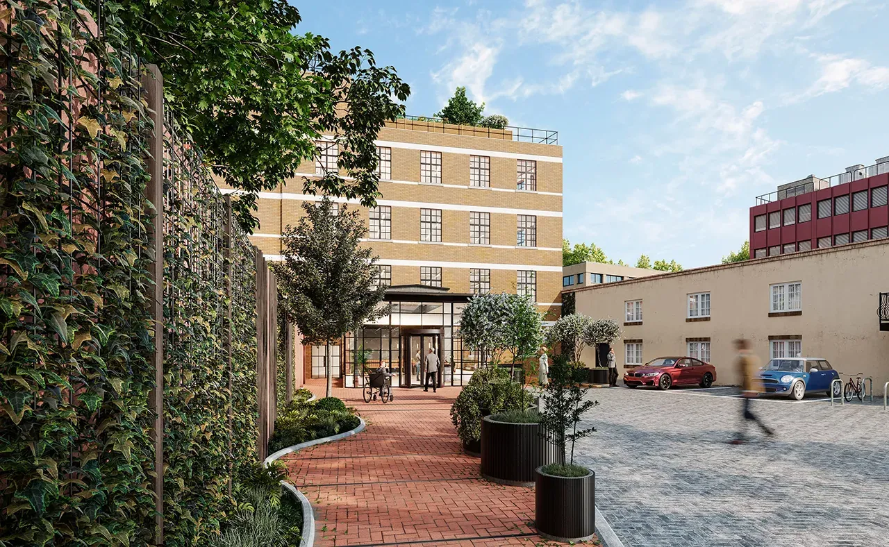 Courtyard entrance of a brick office building