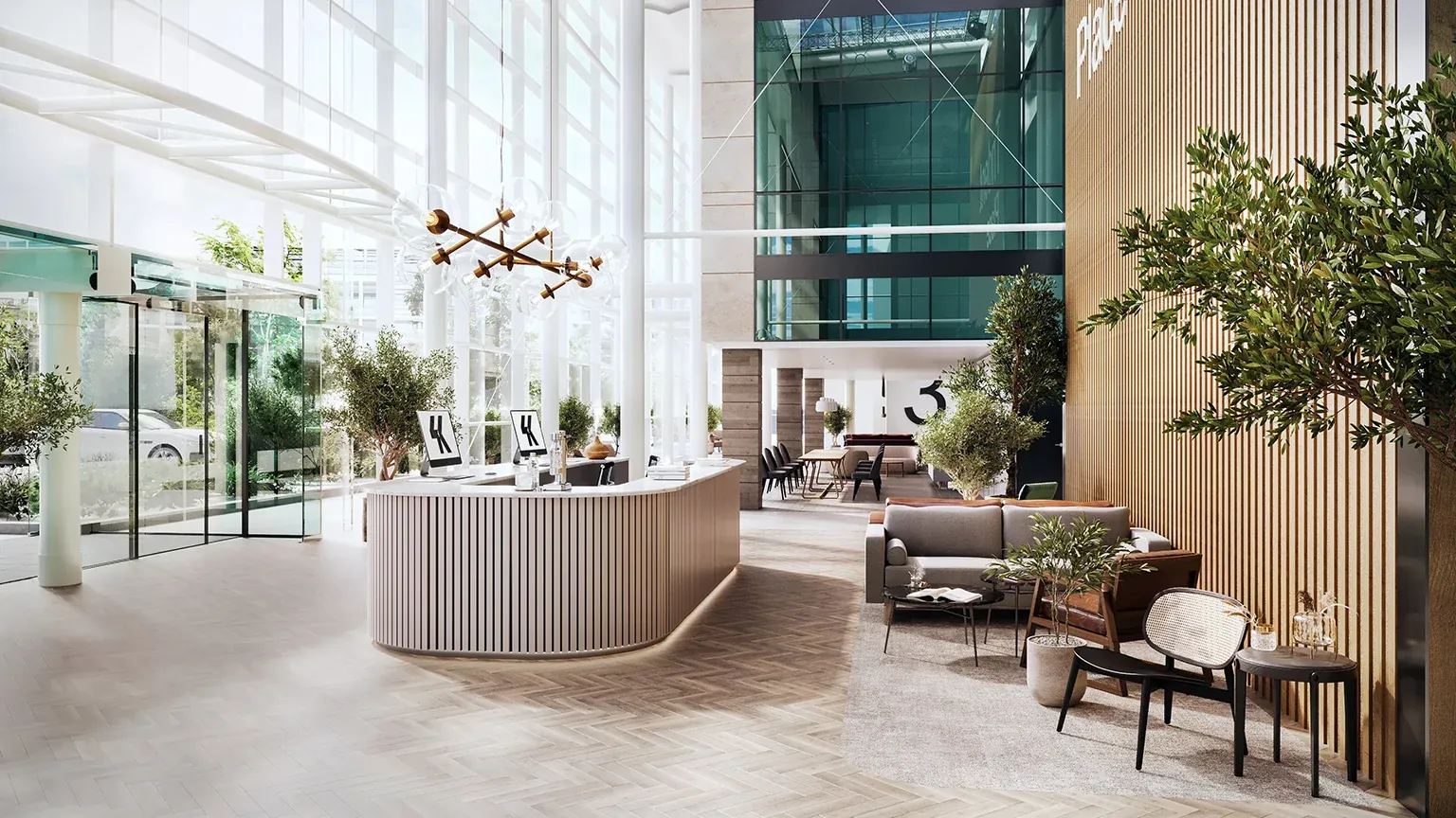 Double-height reception lobby with a timber-clad wall